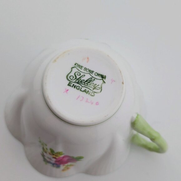 Shelley China Hulmes Rose Teacup & Saucer Dainty Shape Floral Design Green Trim - Picture 10 of 14